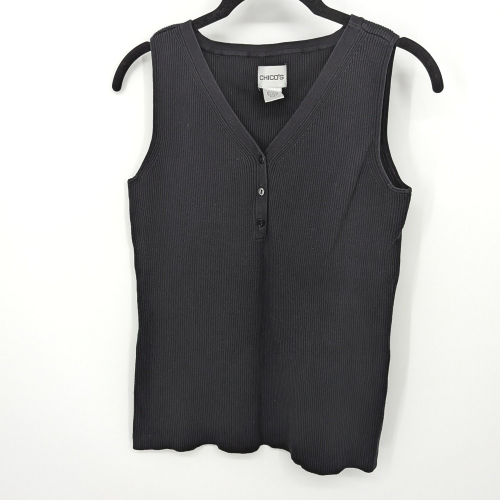 Chicos Tank Top Womens Medium Black Silk Blend Ribbed Henley V-Neck‎ Minimalist